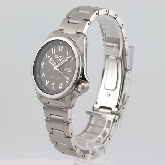 Seiko 5 Sports Black Arabic Dial SRPH47K1 automatic field watch with stainless steel case.