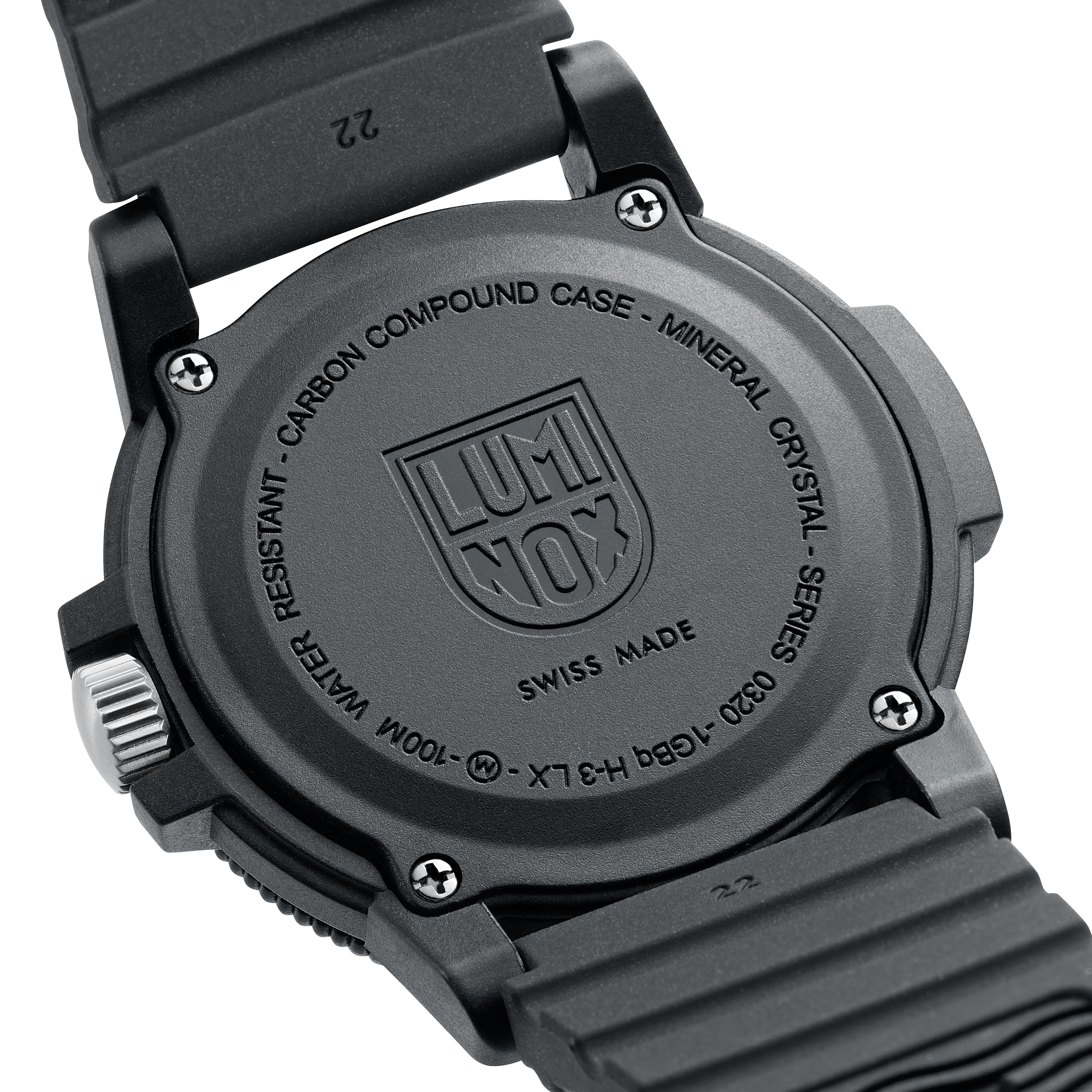 Back view of Luminox outdoor watch for men showcasing Carbon Compound case, mineral crystal and water resistance features.