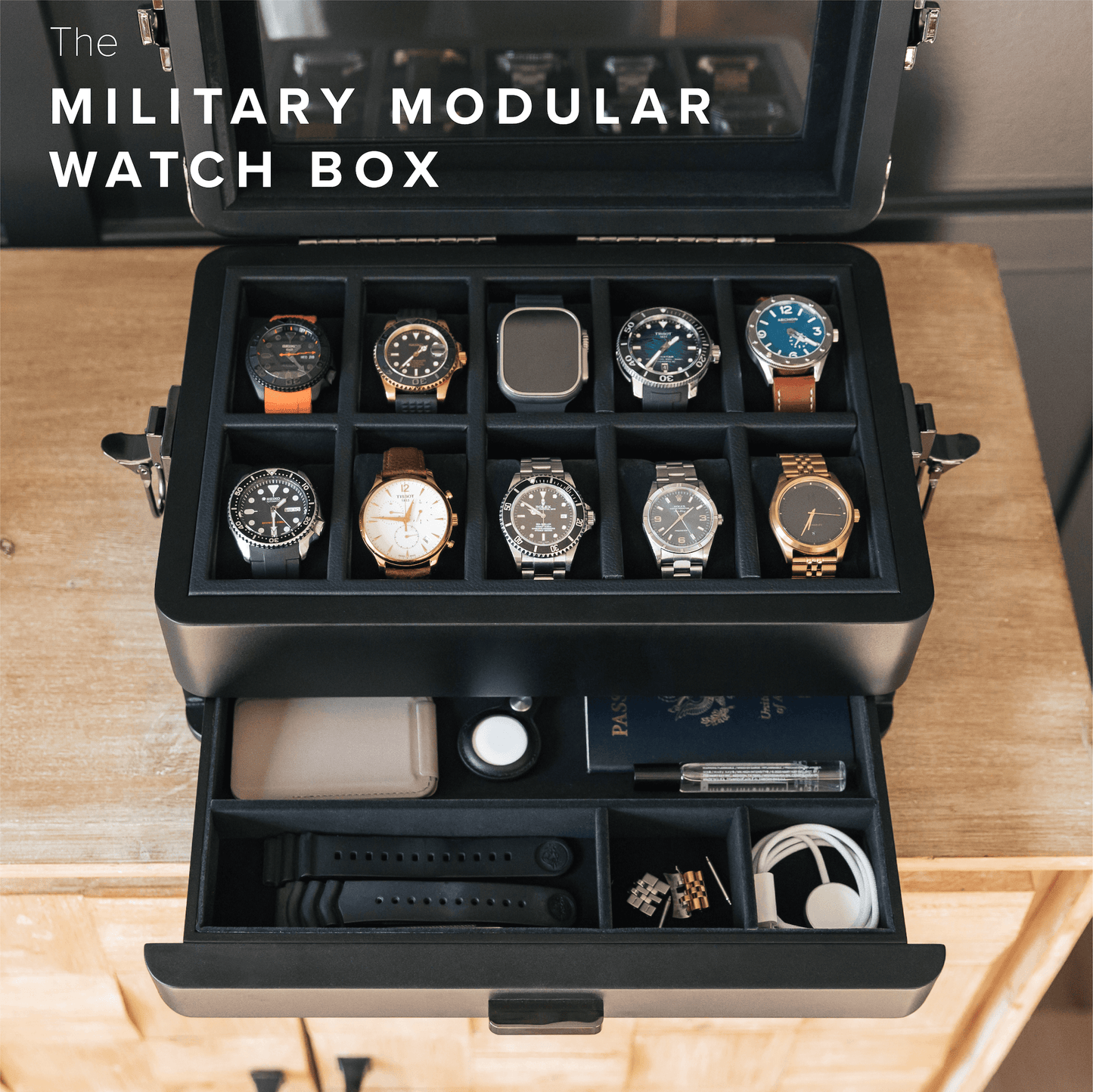 Black Edition Military Watch Box showcasing 10 slots for watches, organized and displayed beautifully.