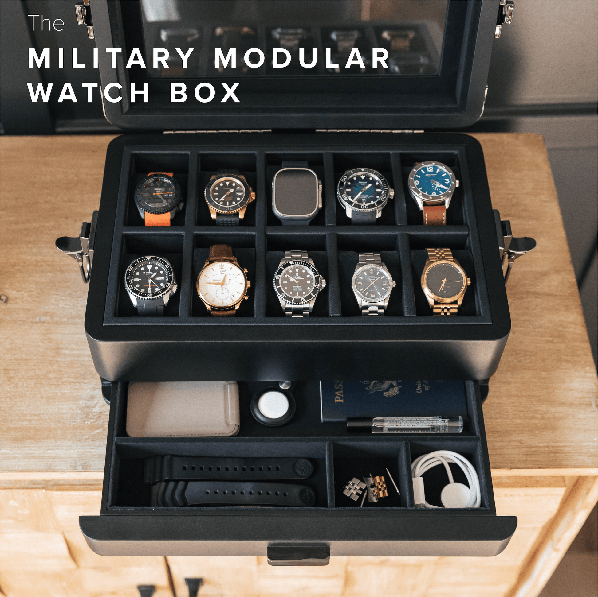 Black Edition Military Watch Box showcasing 10 slots for watches, organized and displayed beautifully.