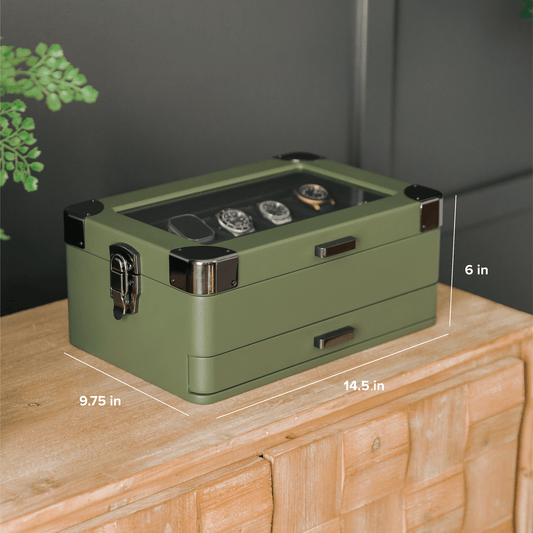 military watch box 10 slot displayed on a wooden table with dimensions shown