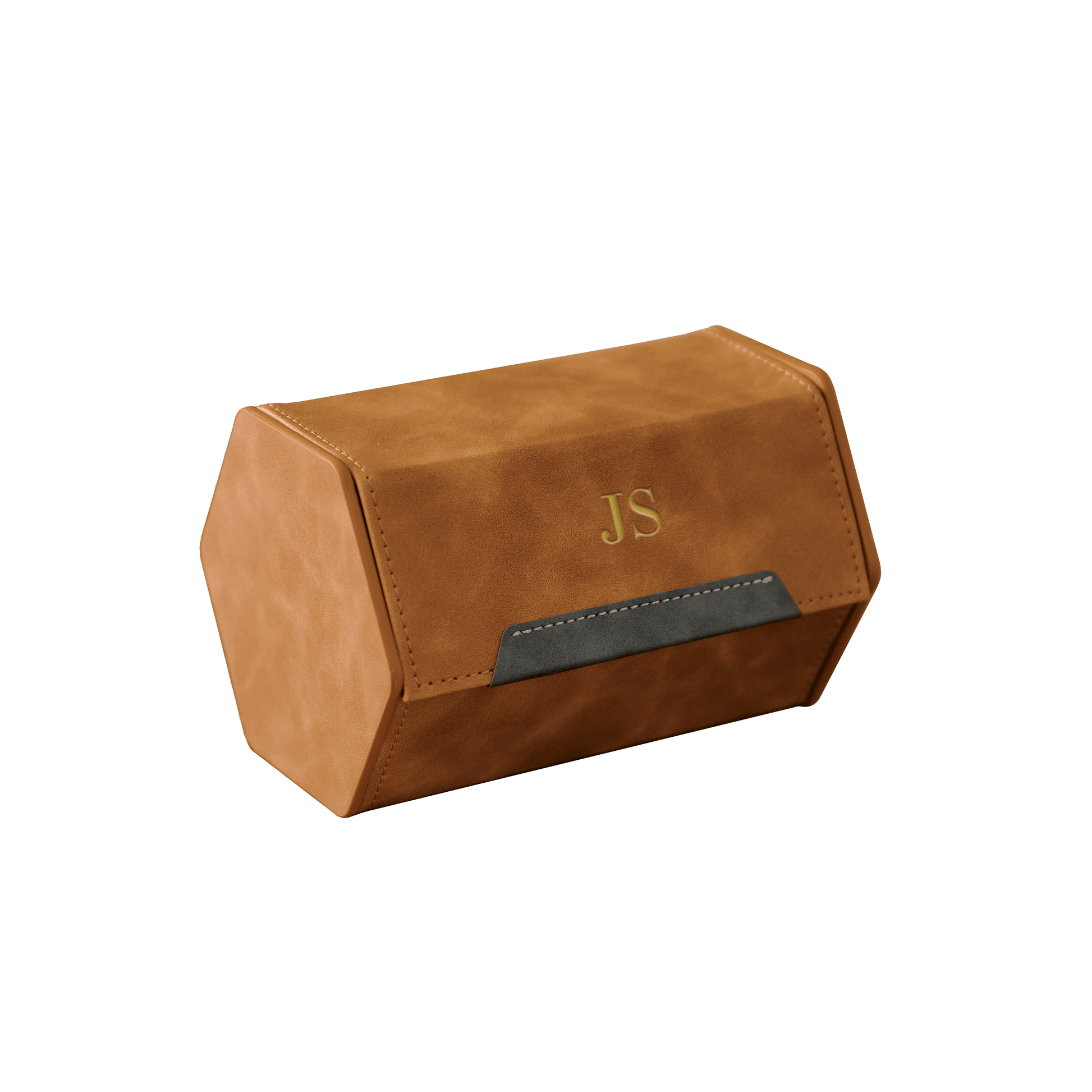 2-slot travel watch roll in brown vegan leather with elegant design and plush gray interior.