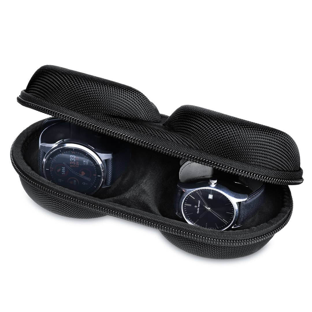 Double watch travel case storing two elegant watches in a durable protective design.