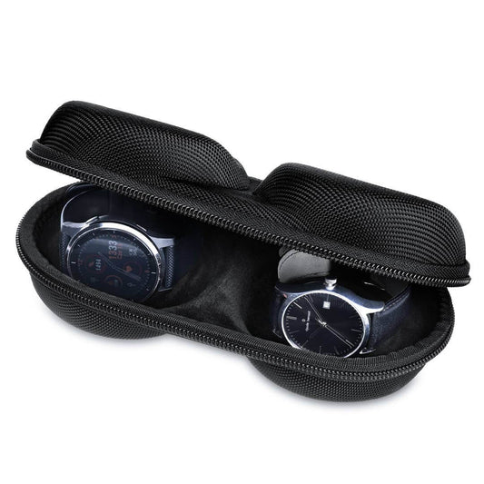 Double watch travel case storing two elegant watches in a durable protective design.