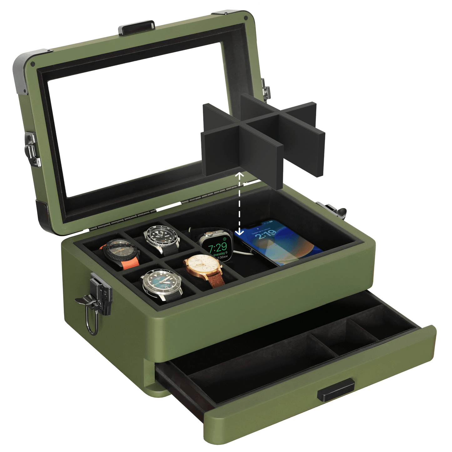 Military Watch Box - 10 Slot with multiple compartments showcasing elegant timepieces in a military green finish.