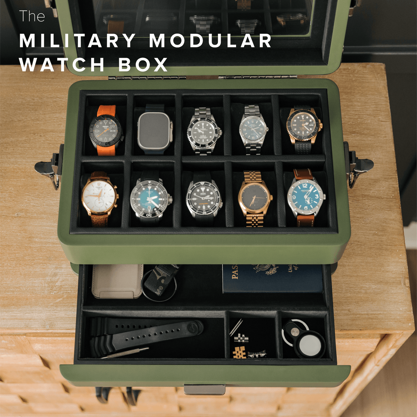 Military watch box 10 slot showcasing stylish timepieces in a military green display case.