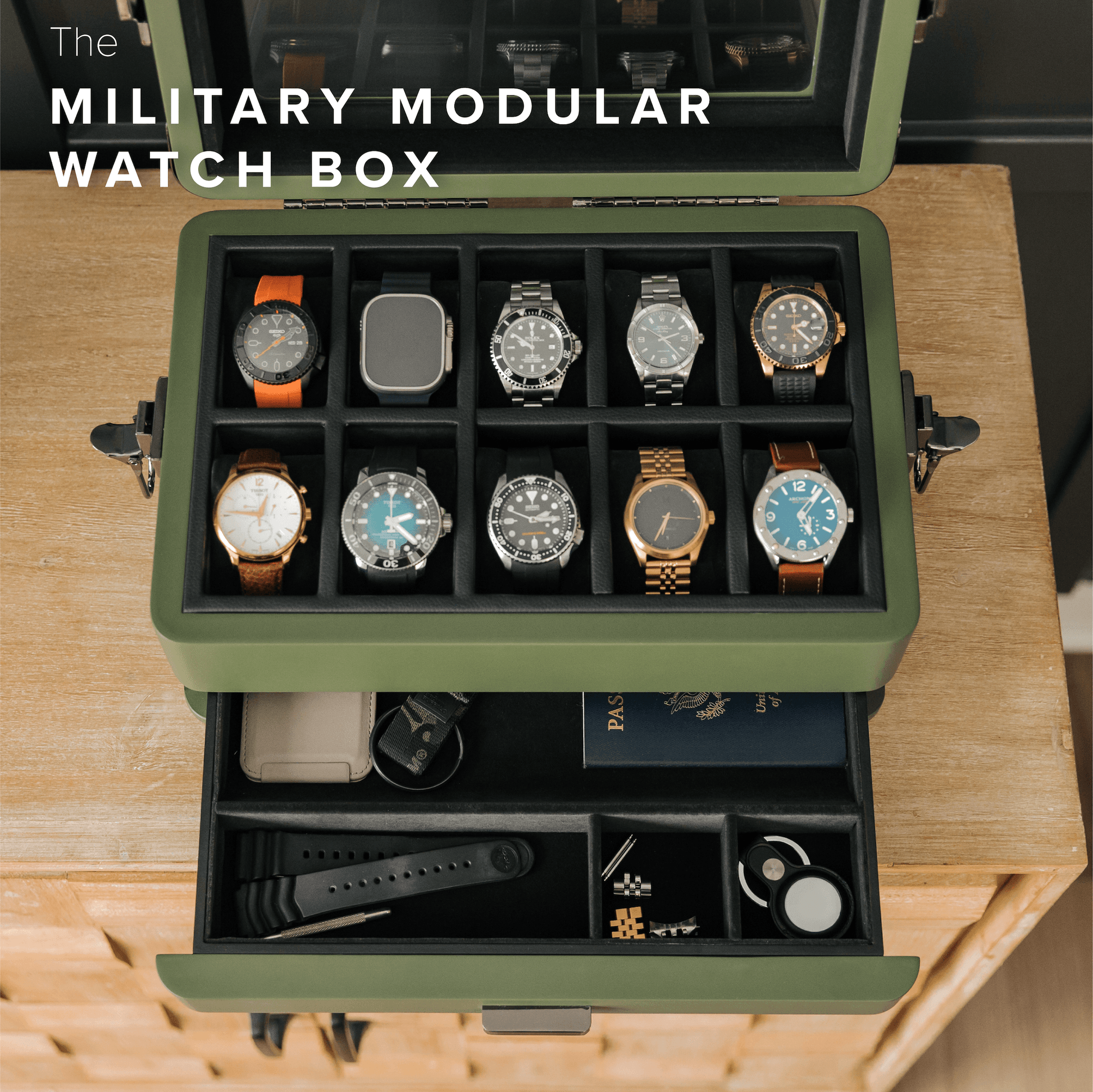 Military watch box 10 slot showcasing stylish timepieces in a military green display case.