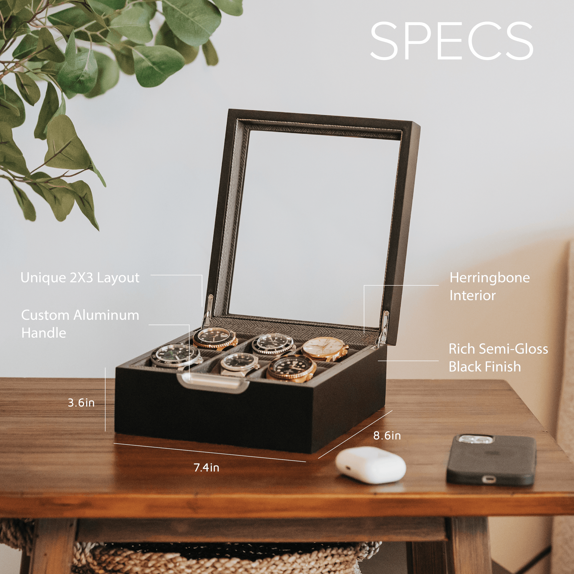 Modern watch storage box with unique 2x3 layout and herringbone interior, showcasing watch slots.