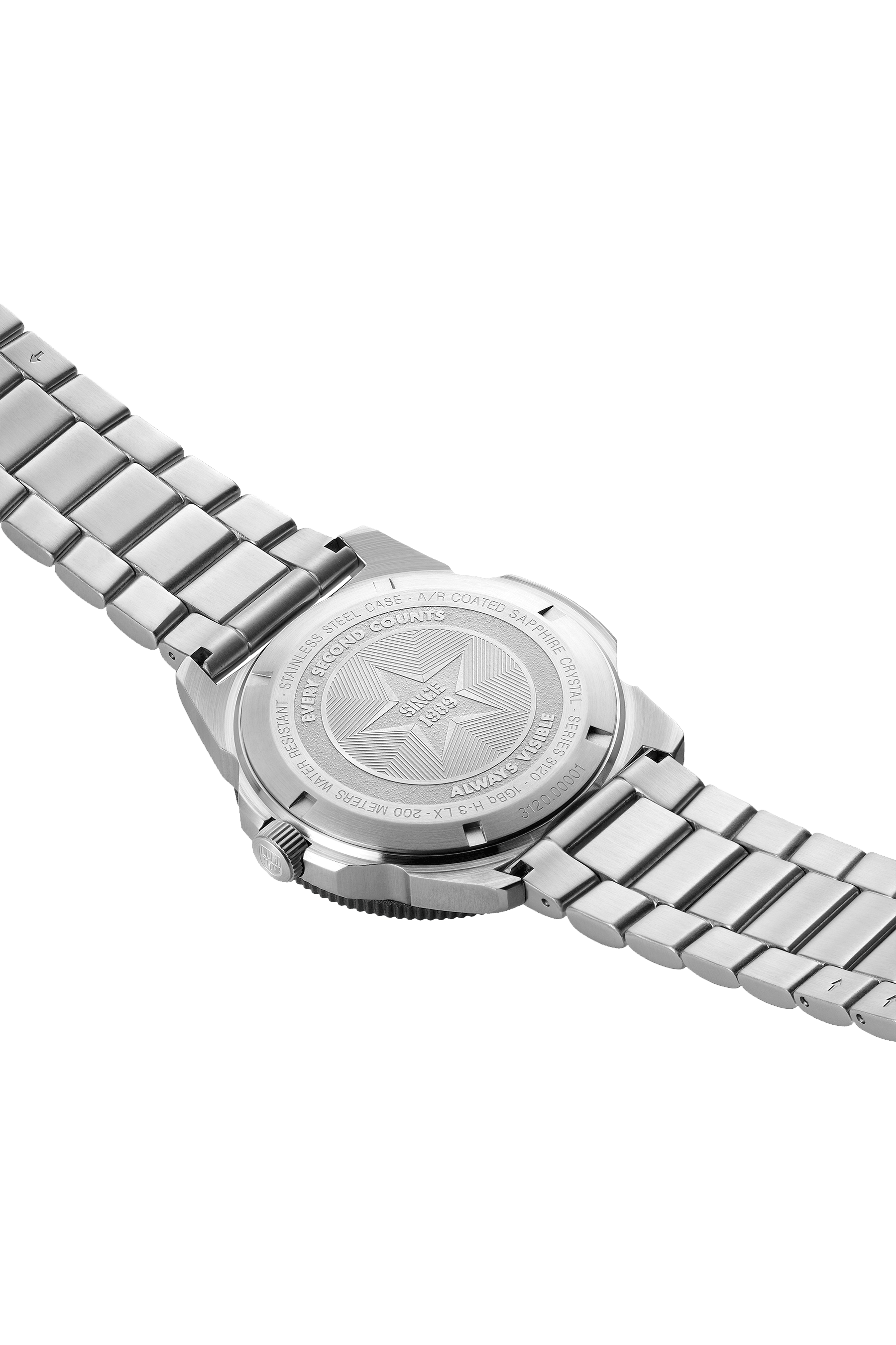 Luminox dive watch 44 mm showcasing stainless steel case back and bracelet design.