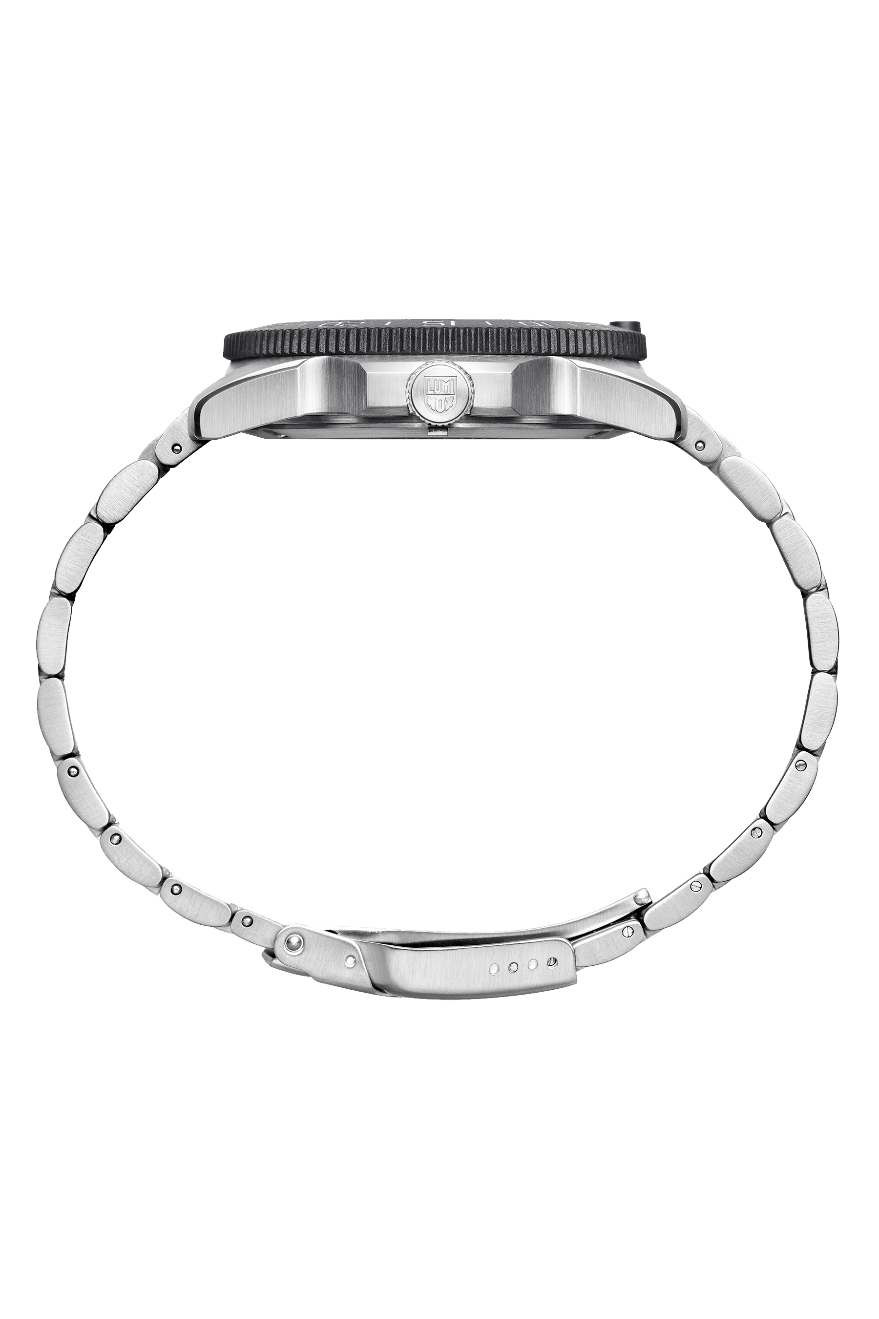 Luminox dive watch 44 mm side view showcasing stainless steel case and rotating bezel.