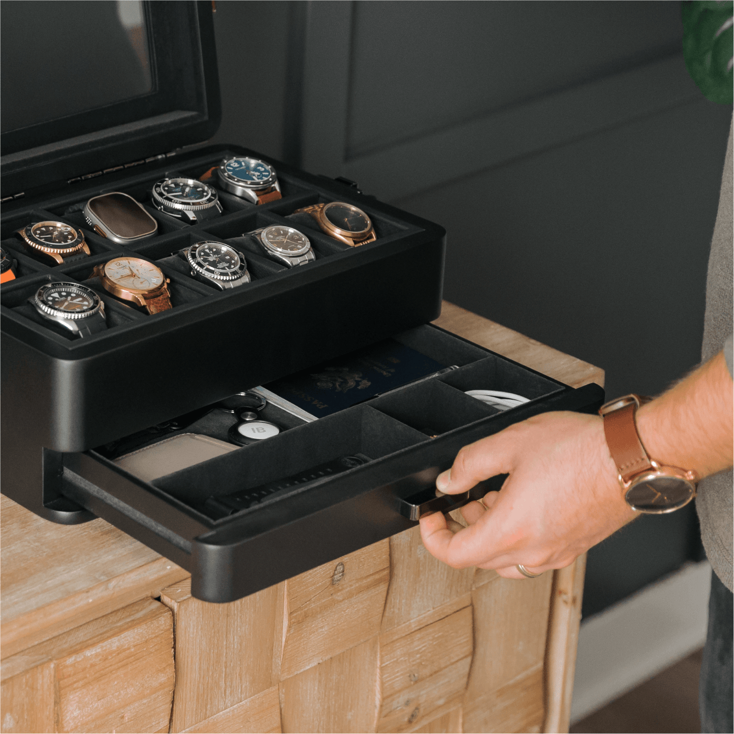 Black Edition Military Watch Box - 10 Slot showcasing watches and drawer for storage in a stylish setup.