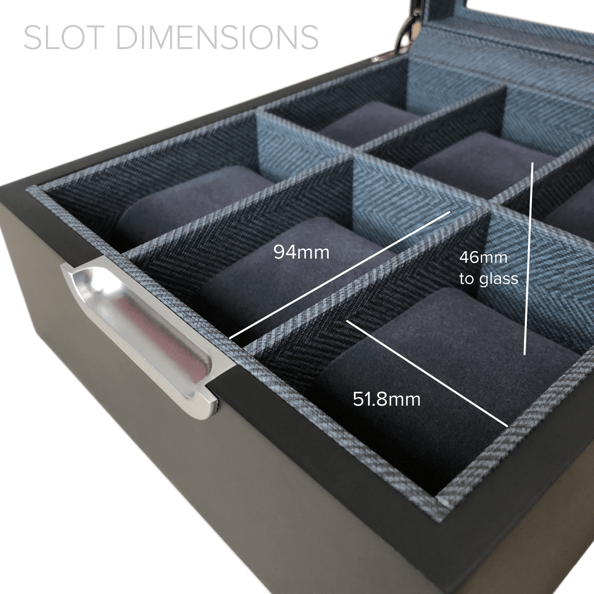 Modern watch storage box showing slot dimensions of 94mm, 46mm, and 51.8mm for optimal organization.