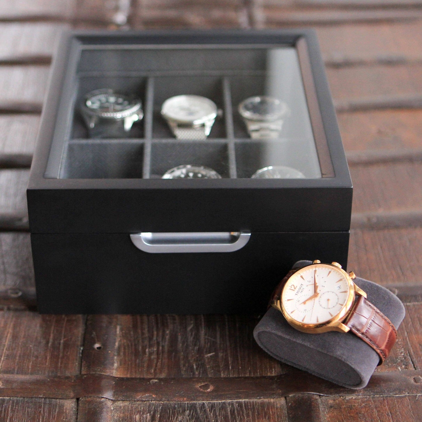 Modern 2x3 watch box showcasing six slots for stylish modern watch storage box.