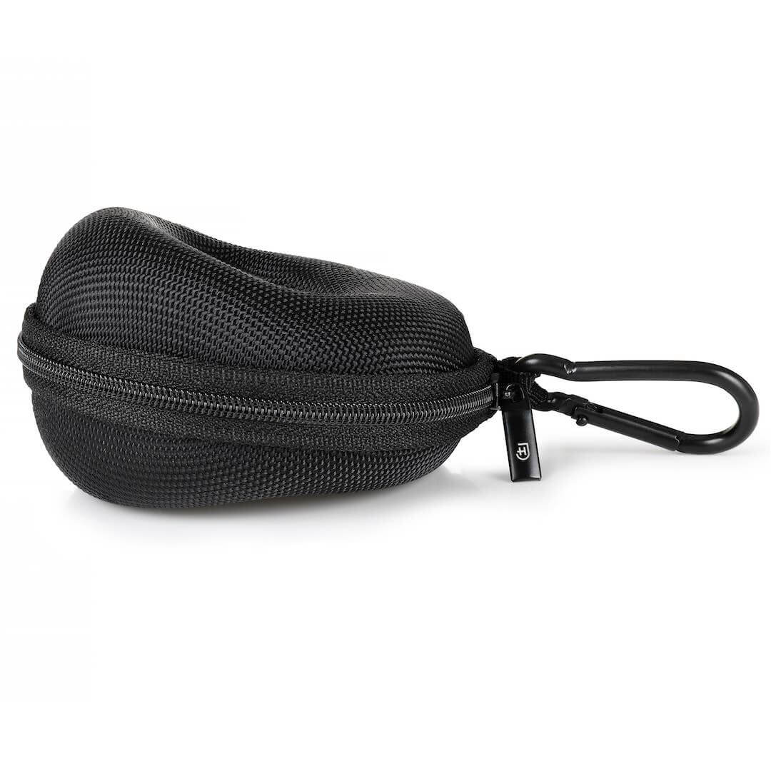 Travel watch case in black, durable nylon, featuring zipper closure and carabiner for easy transport.