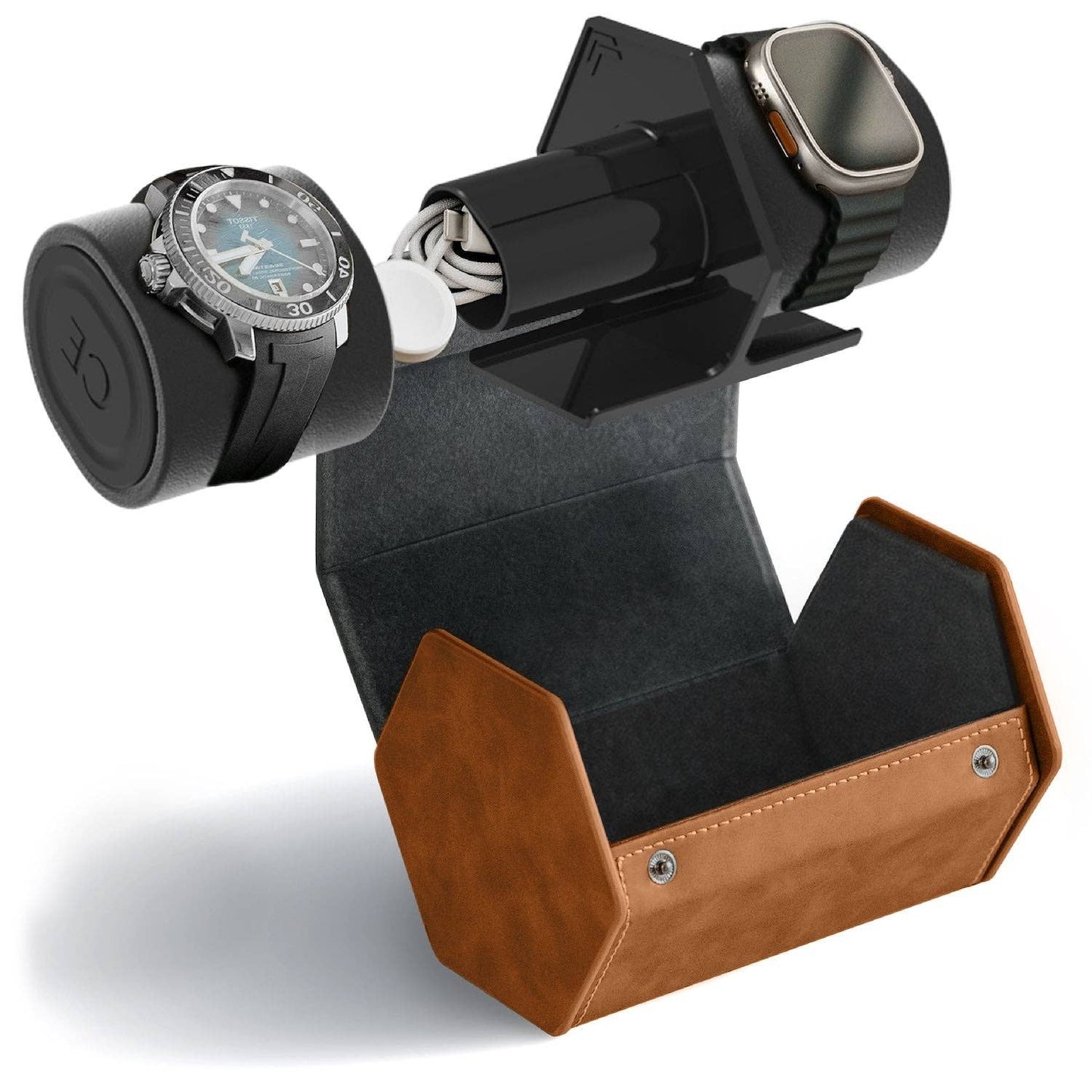 2-slot travel watch roll displaying two elegant watches in a sophisticated vegan leather and velvet interior.