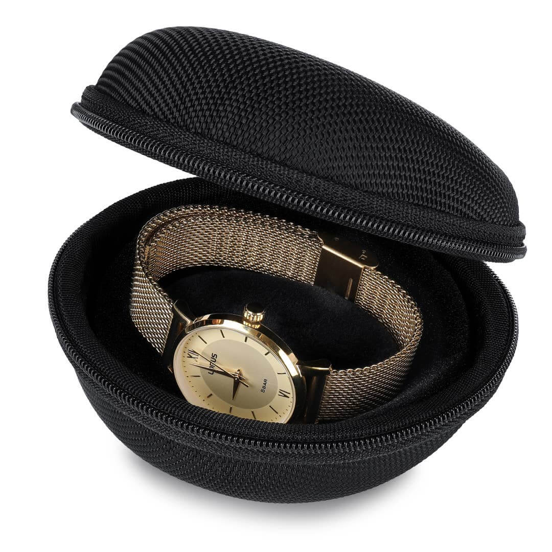 Travel watch case featuring a gold watch inside, providing protection and stylish storage.