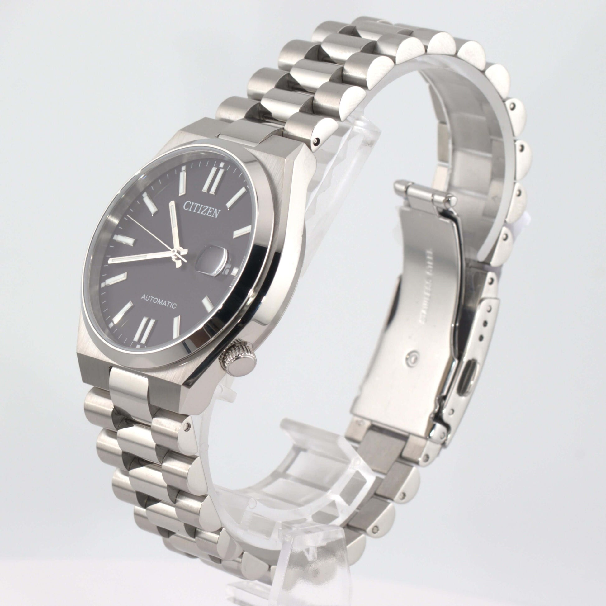 Citizen Tsuyosa automatic watch with black dial and stainless steel bracelet showcasing modern sports styling.