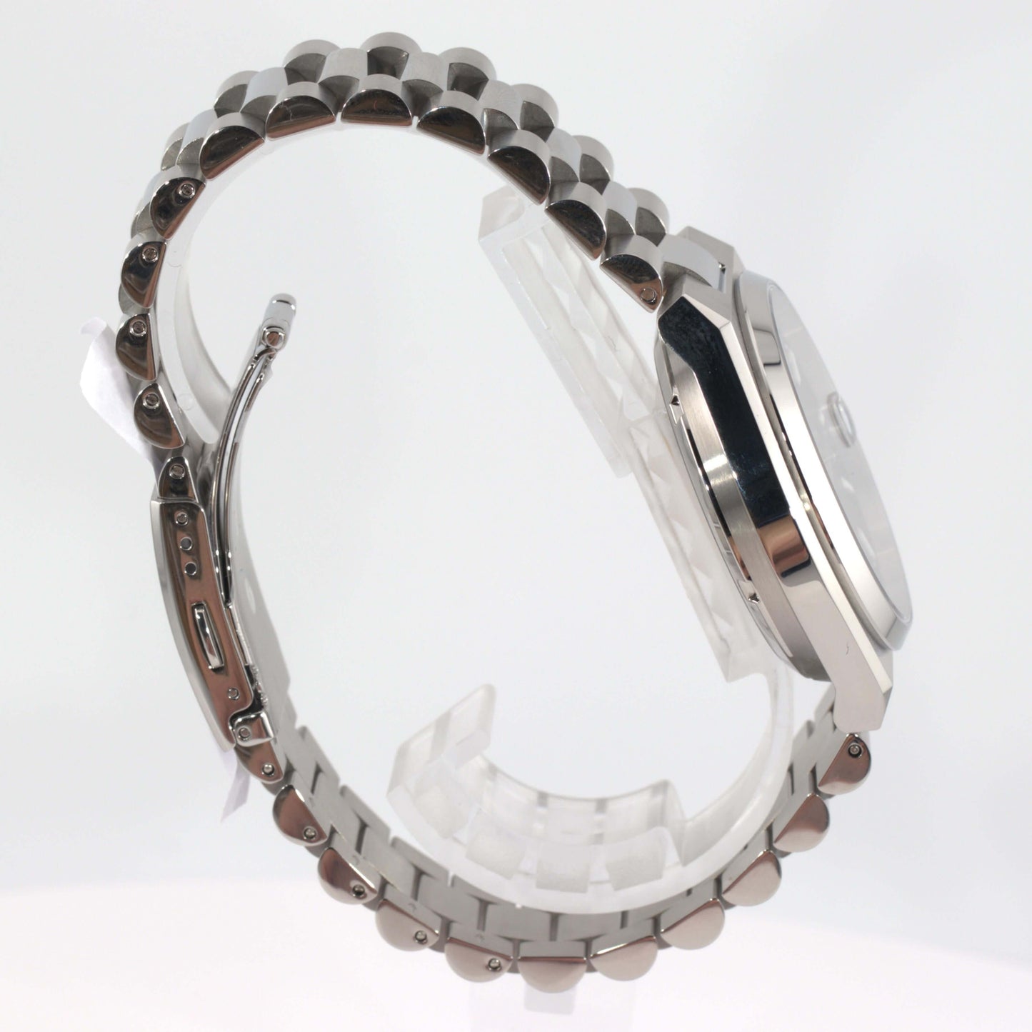 Citizen Tsuyosa automatic watch side view showcasing silver-tone stainless steel case and bracelet design.