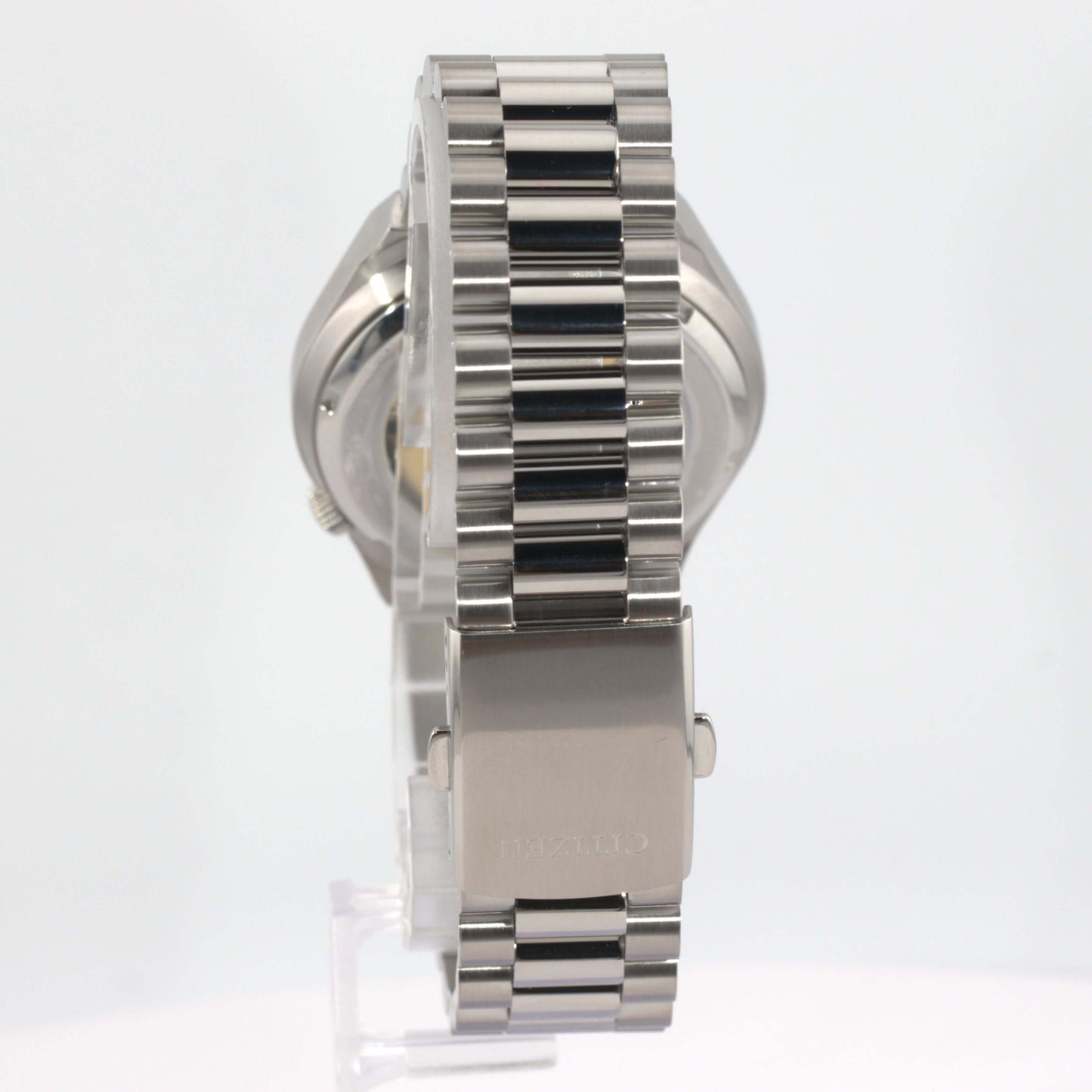 Citizen Tsuyosa Automatic watch showcasing silver-tone stainless steel bracelet and case from the side view.