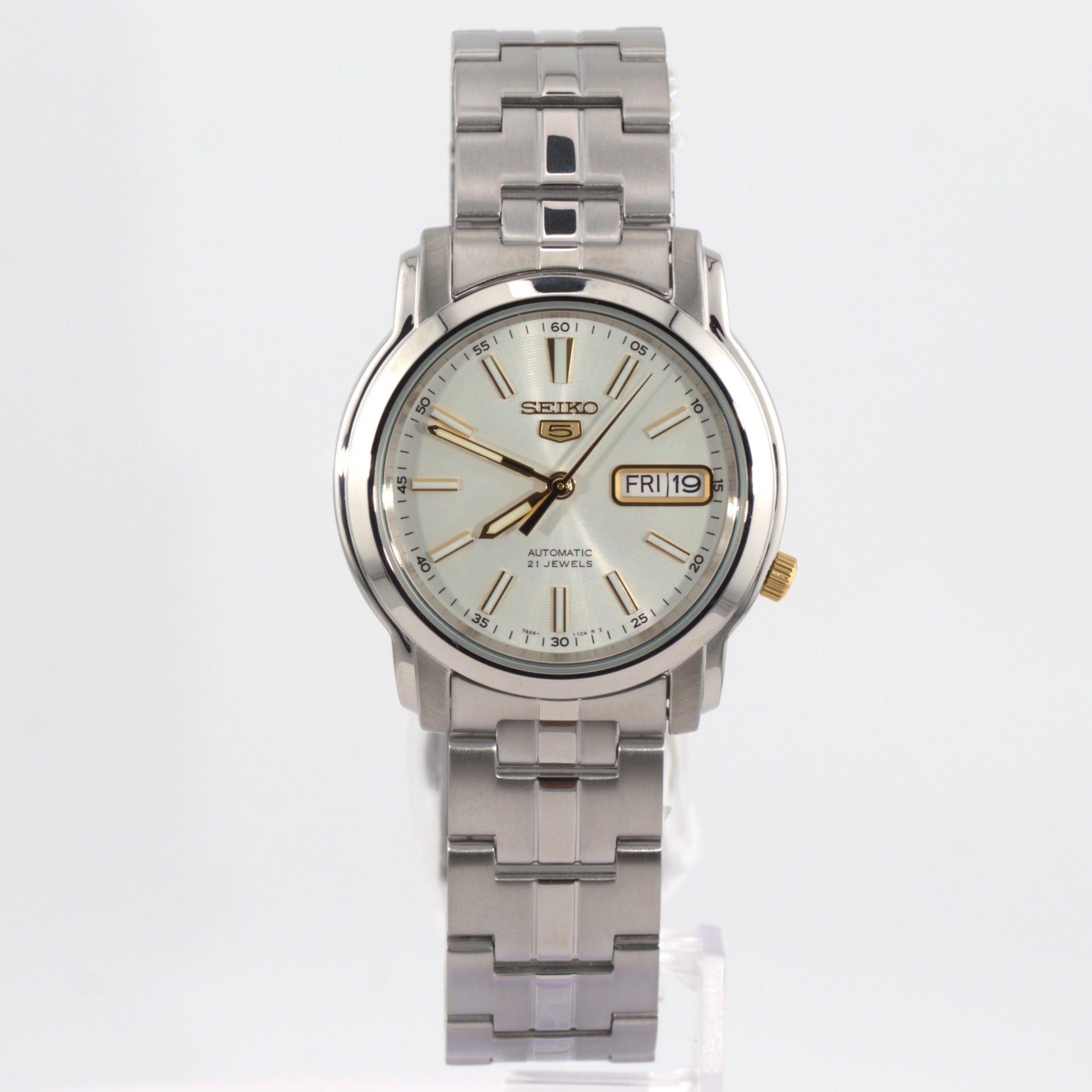Seiko 5 automatic watch white dial featuring a clean design and stainless steel bracelet.