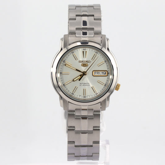 Seiko 5 automatic watch white dial featuring a clean design and stainless steel bracelet.