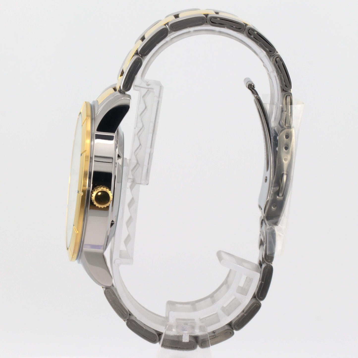 Side view of Seiko 5 silver watch SNKN58K1 showcasing the elegant two-tone design and stainless steel case.