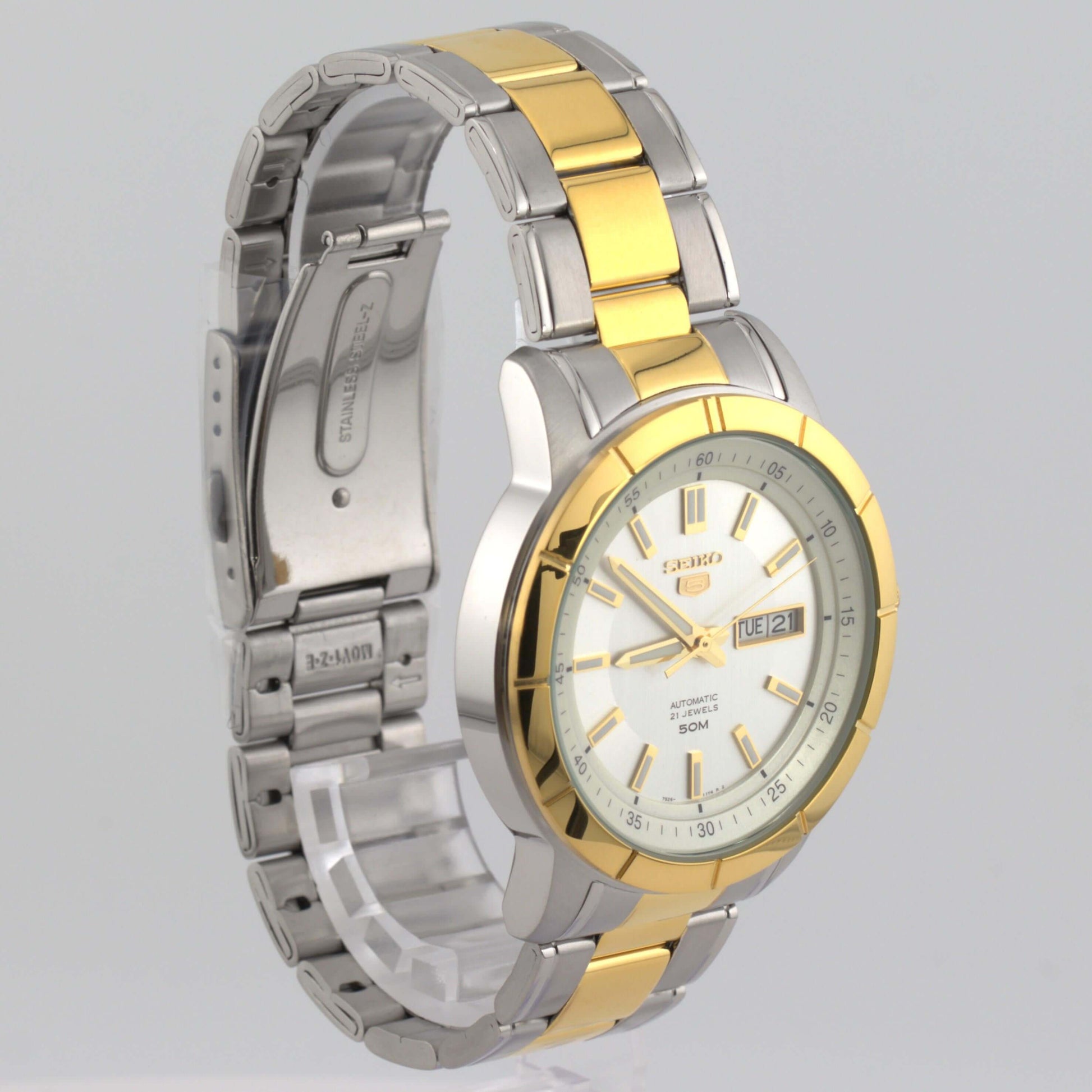 Seiko 5 Silver/White Dial SNKN58K1 automatic watch featuring a two-tone stainless steel bracelet.