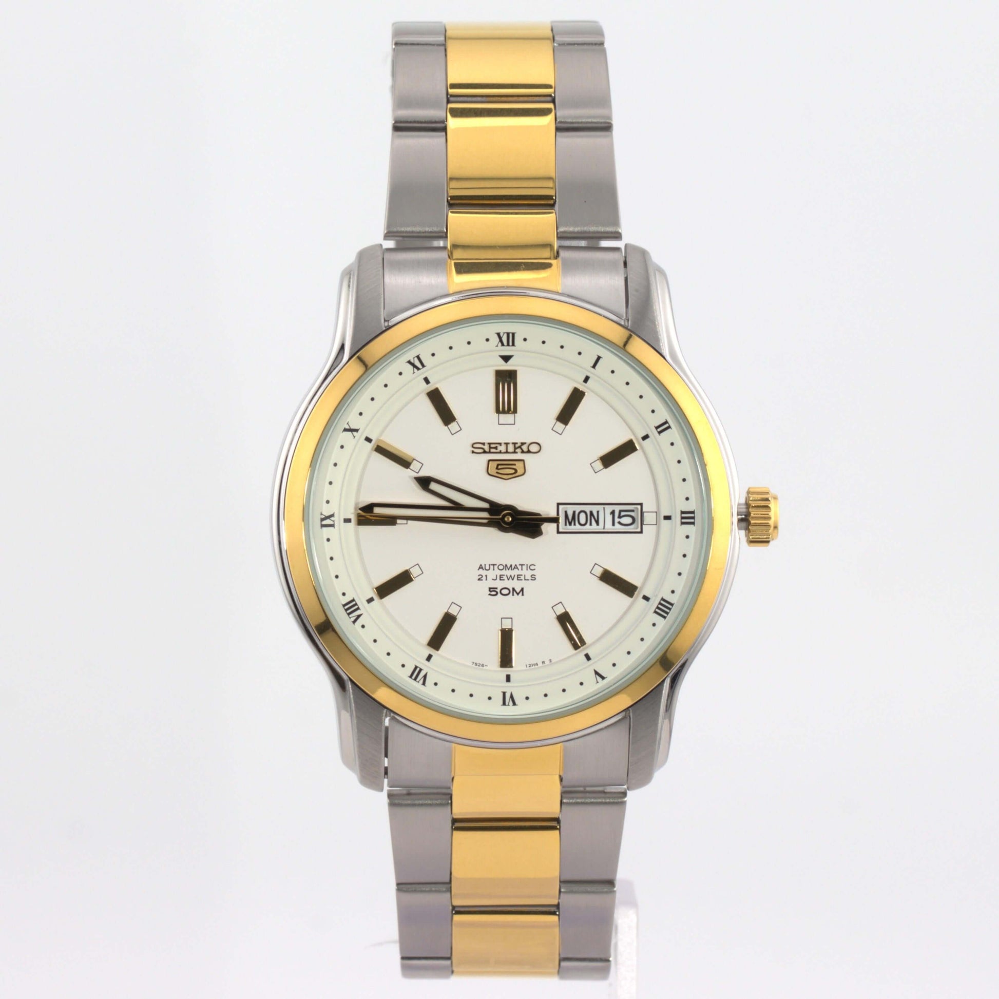 Seiko 5 automatic watch white dial with gold and silver stainless steel bracelet