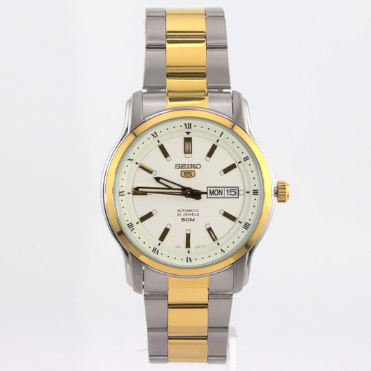 Seiko 5 automatic watch white dial with gold and silver stainless steel bracelet