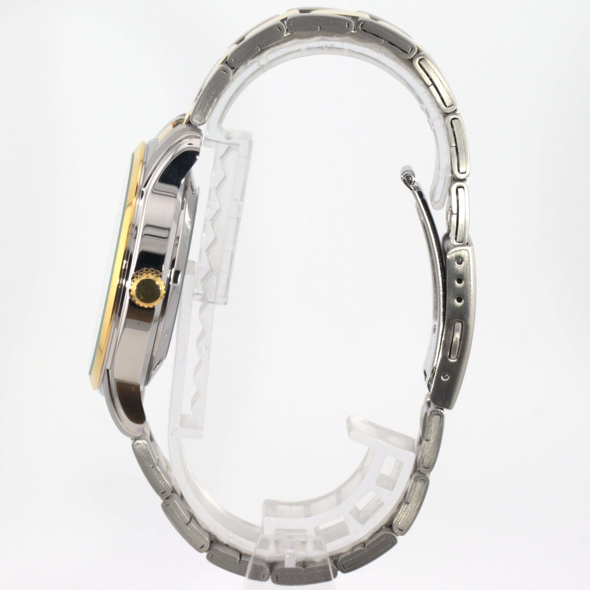 Seiko 5 automatic watch white dial side view showcasing its stainless steel bracelet and case design.
