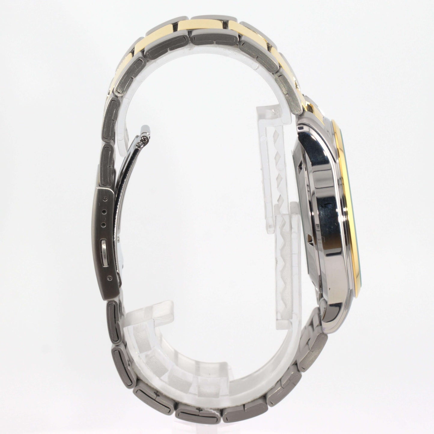 Side view of Seiko 5 automatic watch white dial showcasing sleek design and polished finish.