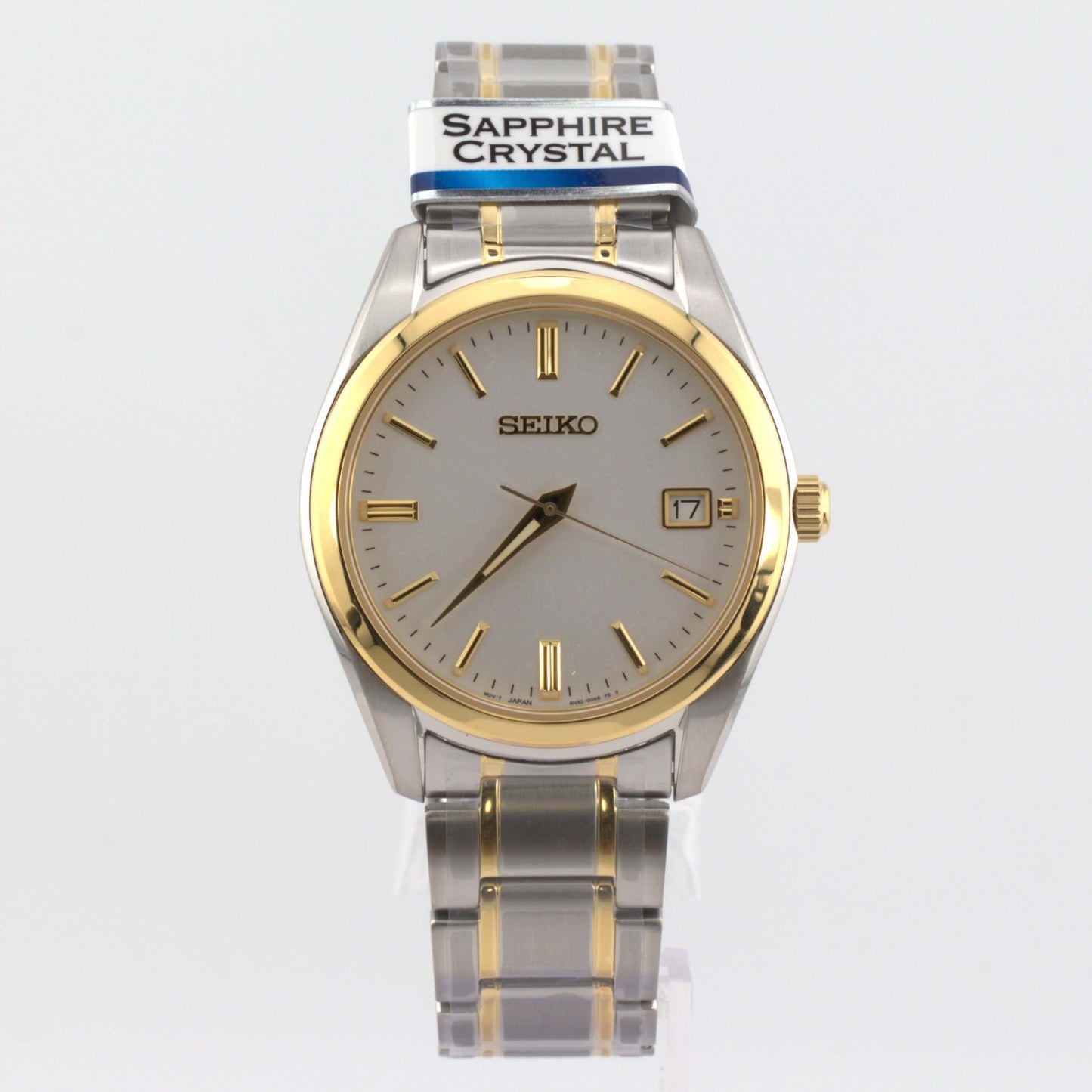 Seiko white dial luxury watch model SUR312P1 with sapphire crystal and two-tone design showcasing elegance.