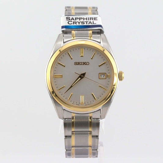 Seiko white dial luxury watch model SUR312P1 with sapphire crystal and two-tone design showcasing elegance.