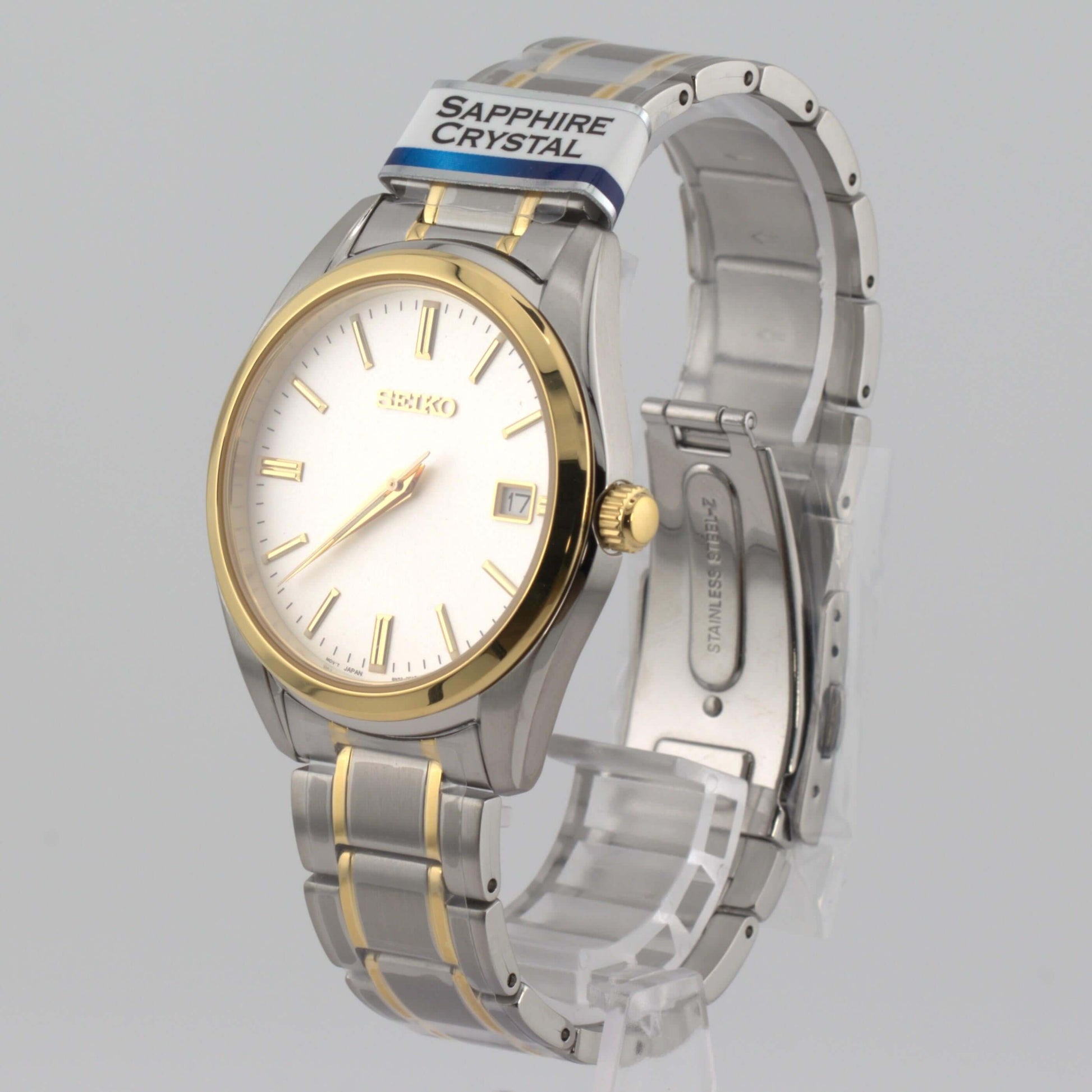 Seiko white dial luxury watch SUR312P1 featuring a refined two-tone design and sapphire crystal.