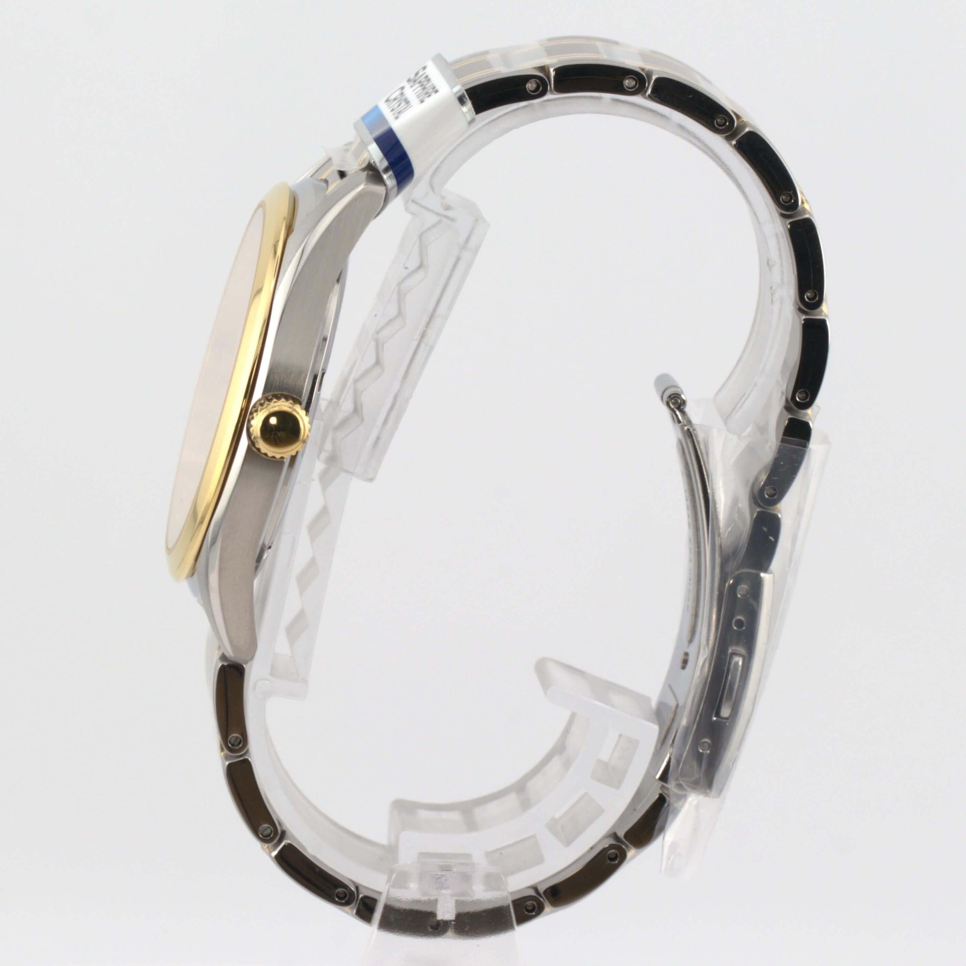 Seiko white dial luxury watch side view with two-tone design and quartz movement, model SUR312P1.