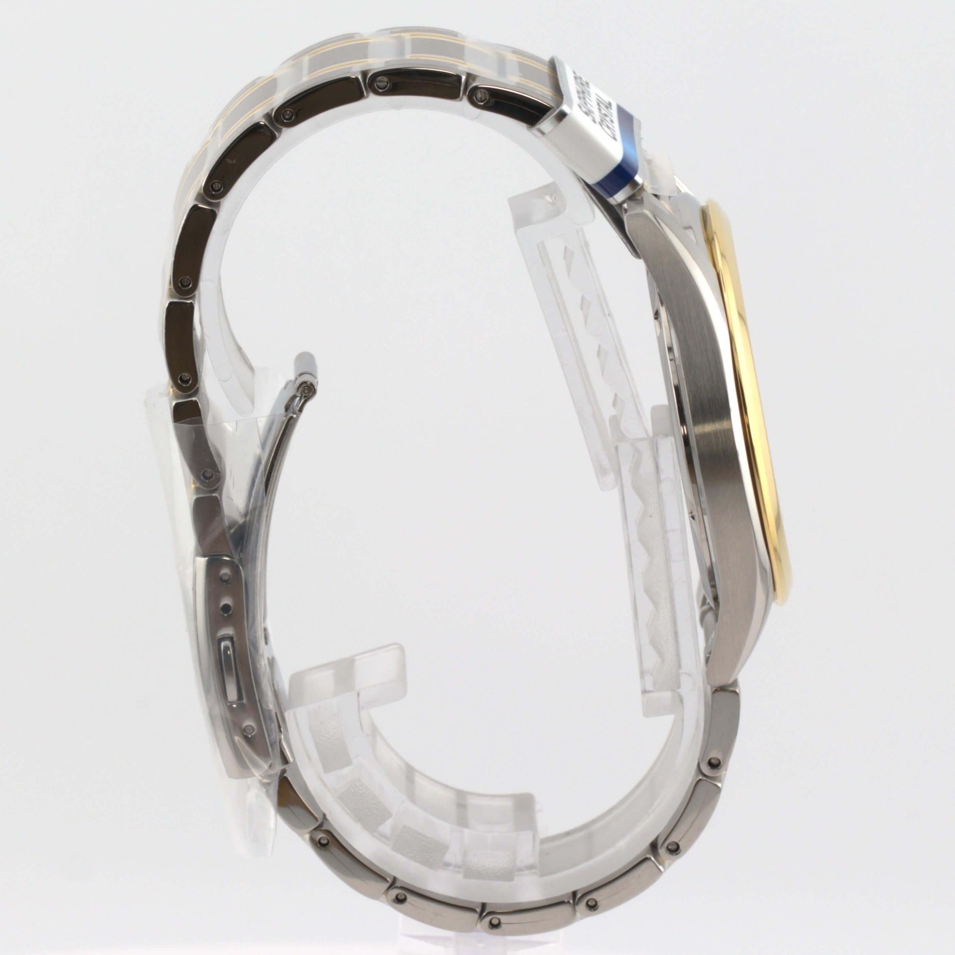 Seiko white dial luxury watch side view showcasing its elegant two-tone design and craftsmanship.