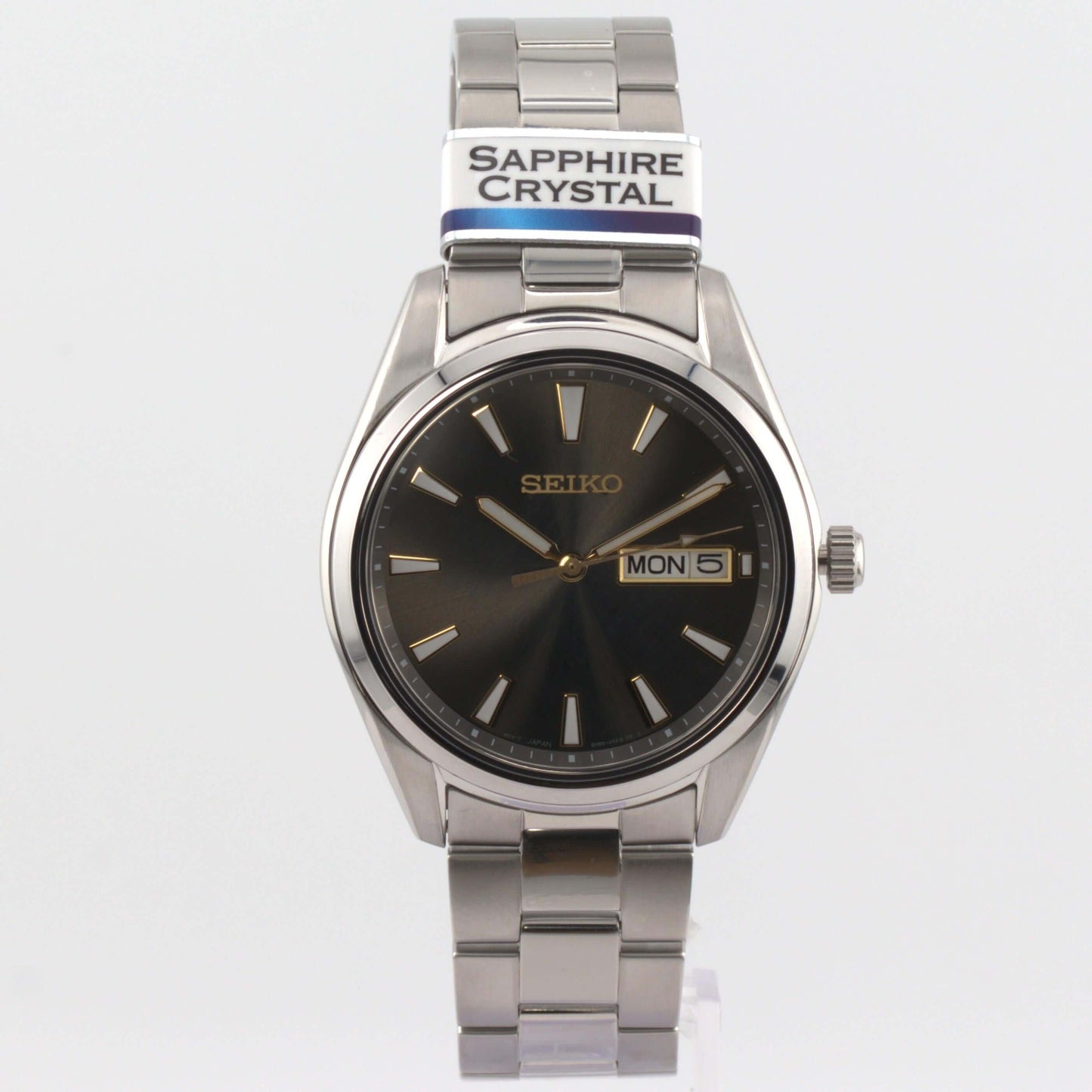 Seiko SUR343P1 luxury watch with charcoal gray dial and stainless steel bracelet.