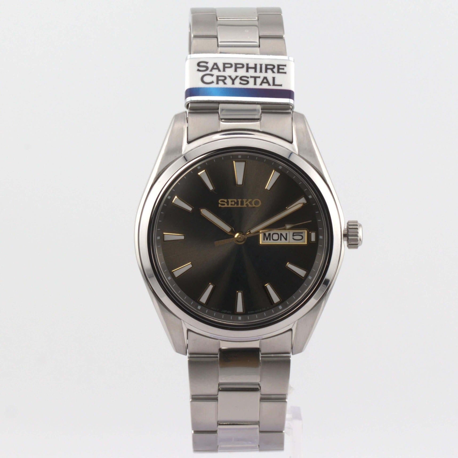 Seiko SUR343P1 luxury watch with charcoal gray dial and stainless steel bracelet.