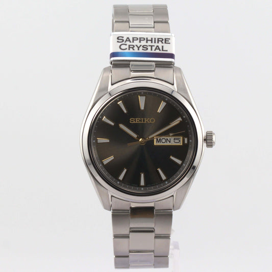 Seiko SUR343P1 luxury watch with charcoal gray dial and stainless steel bracelet.
