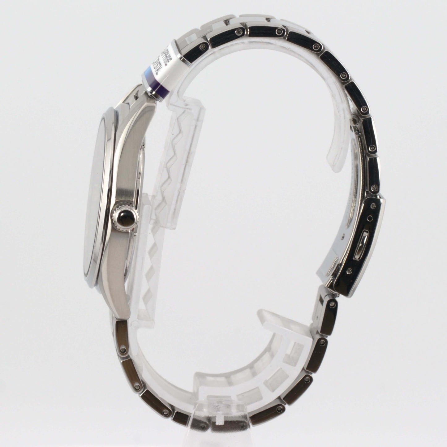 Side view of Seiko SUR343P1 luxury watch showcasing its elegant design and two-tone bracelet.