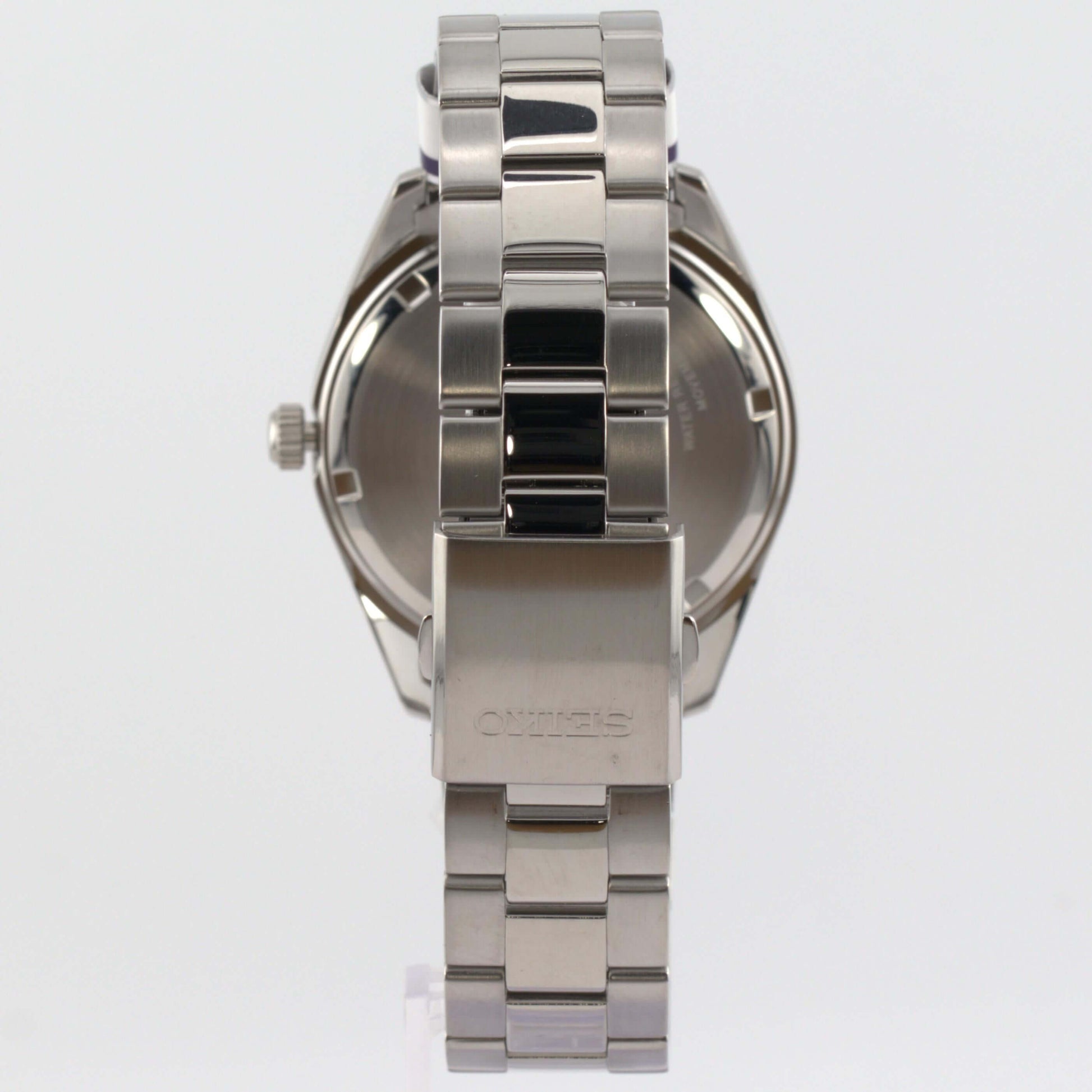 Back view of the Seiko SUR343P1 luxury watch showcasing its elegant two-tone bracelet design.