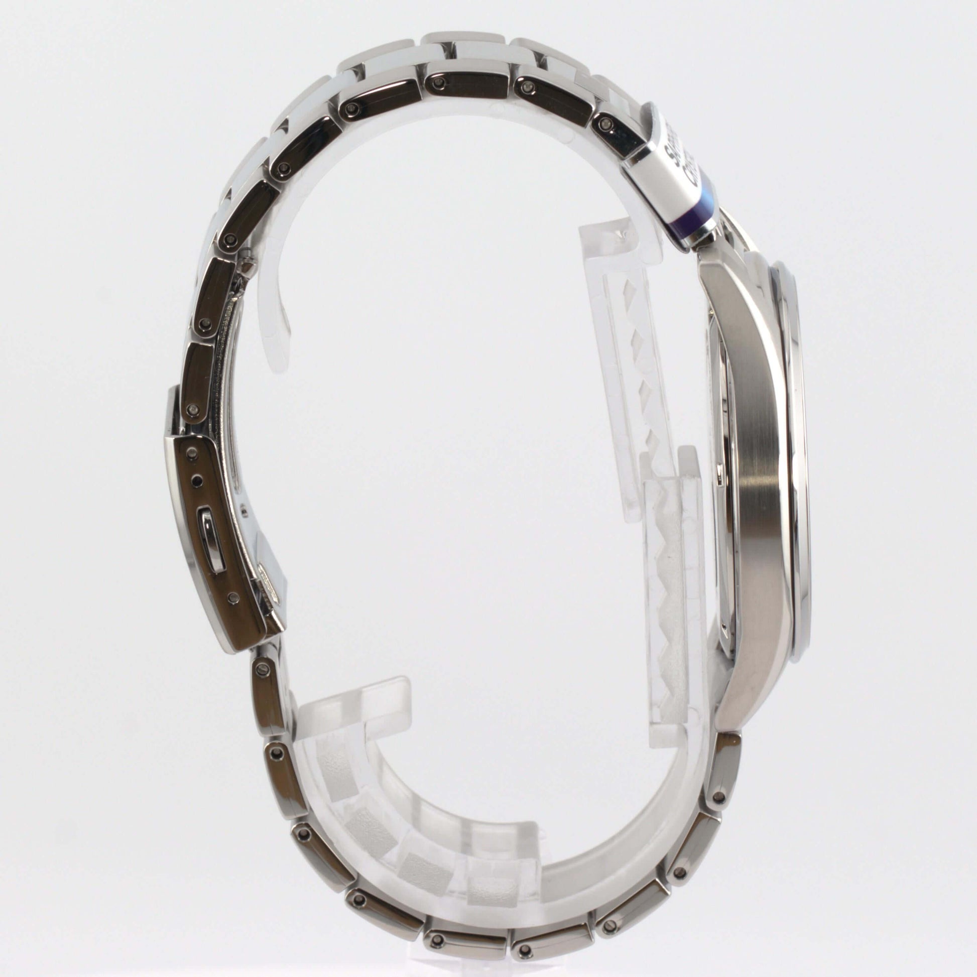 Side view of the Seiko SUR343P1 luxury watch showcasing its sleek design and two-tone bracelet.