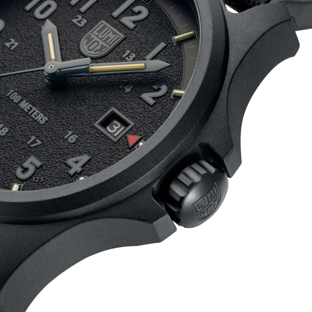 Luminox Atacama Field watch close-up of the textured black dial and crown, showcasing robust design.