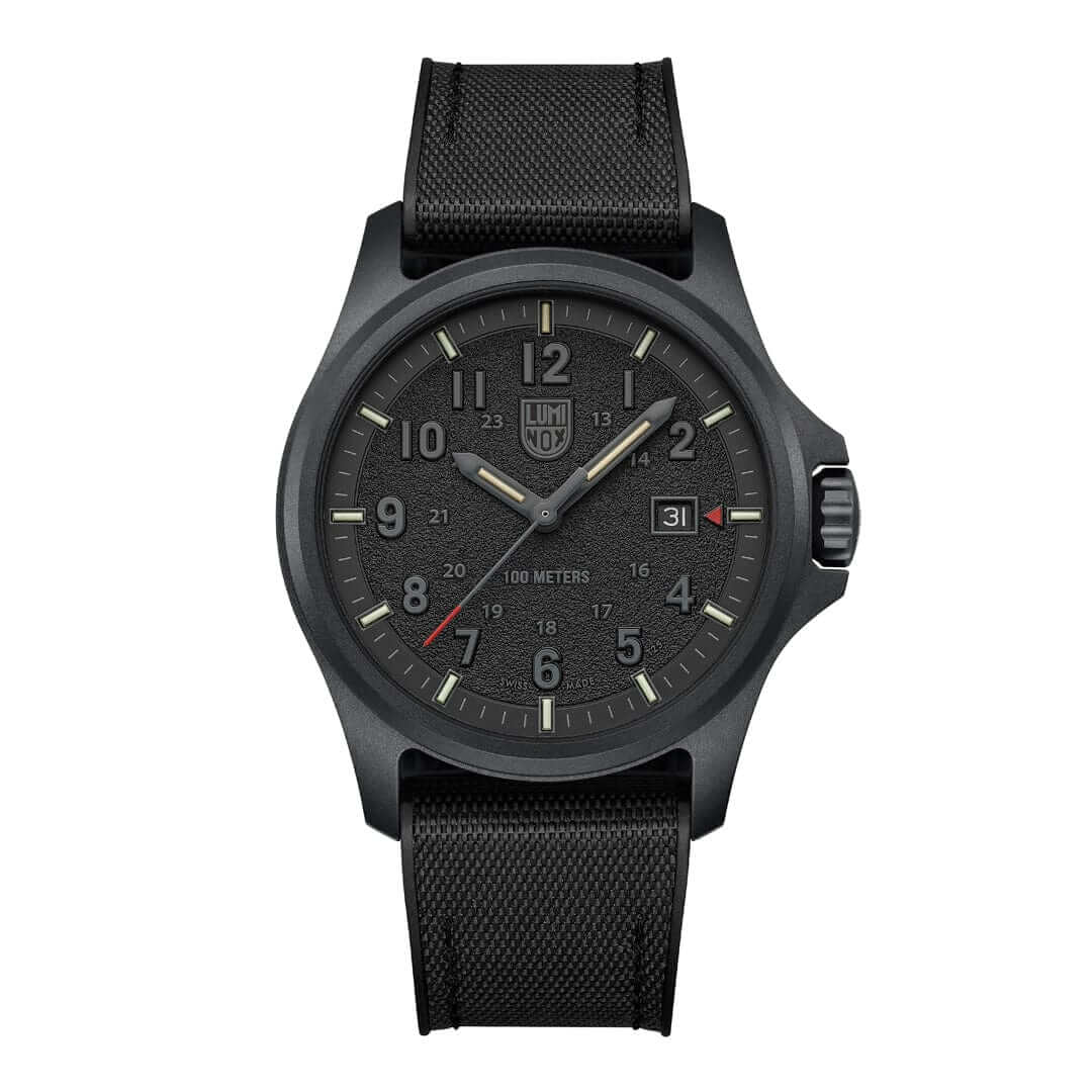 Luminox Atacama Field watch featuring a full blackout design and textured finish dial.