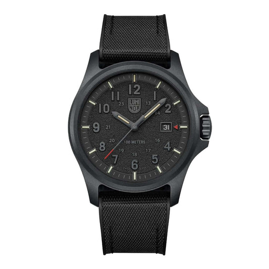 Luminox Atacama Field watch featuring a full blackout design and textured finish dial.