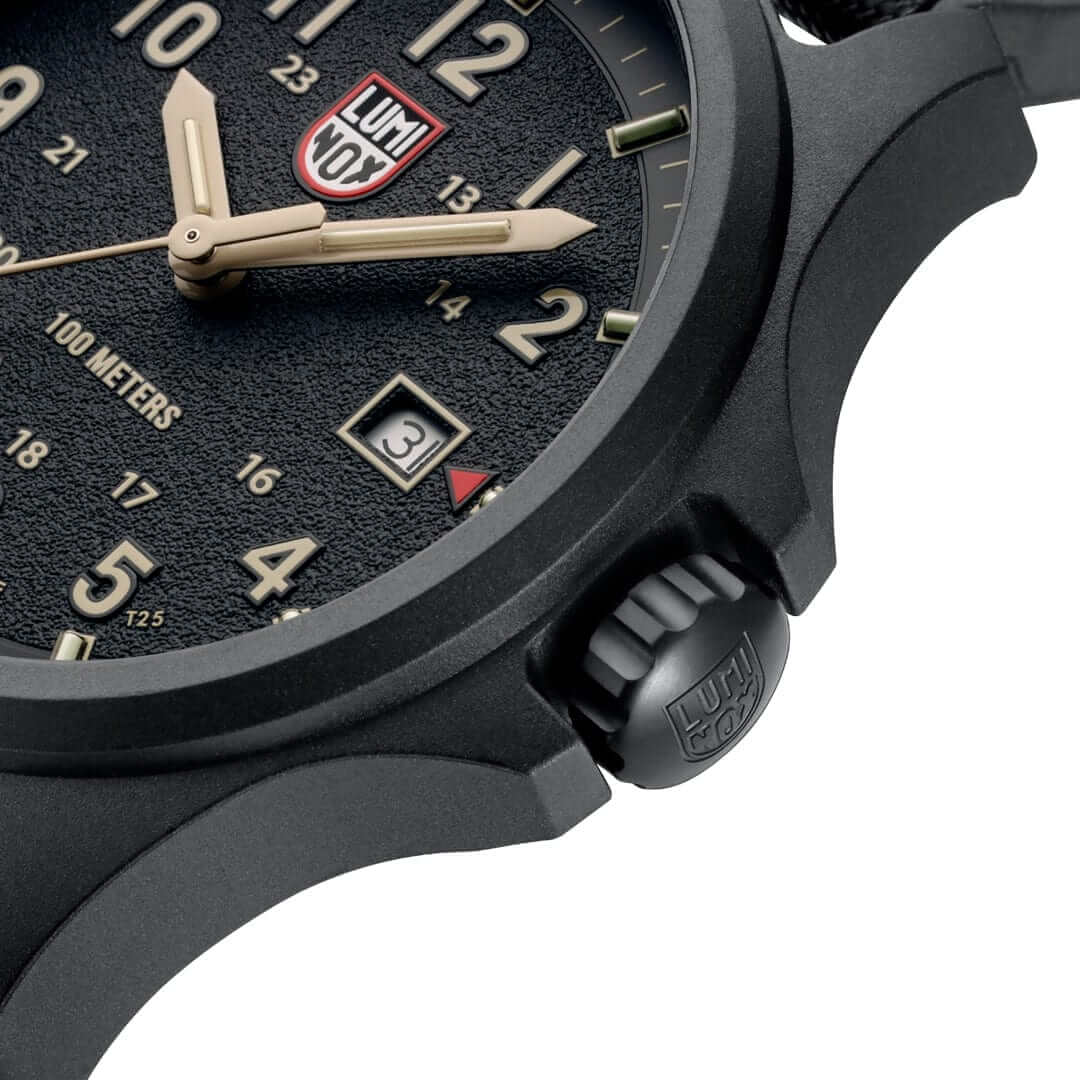 Close-up of the Luminox Atacama Field watch, highlighting the black dial and textured finish.