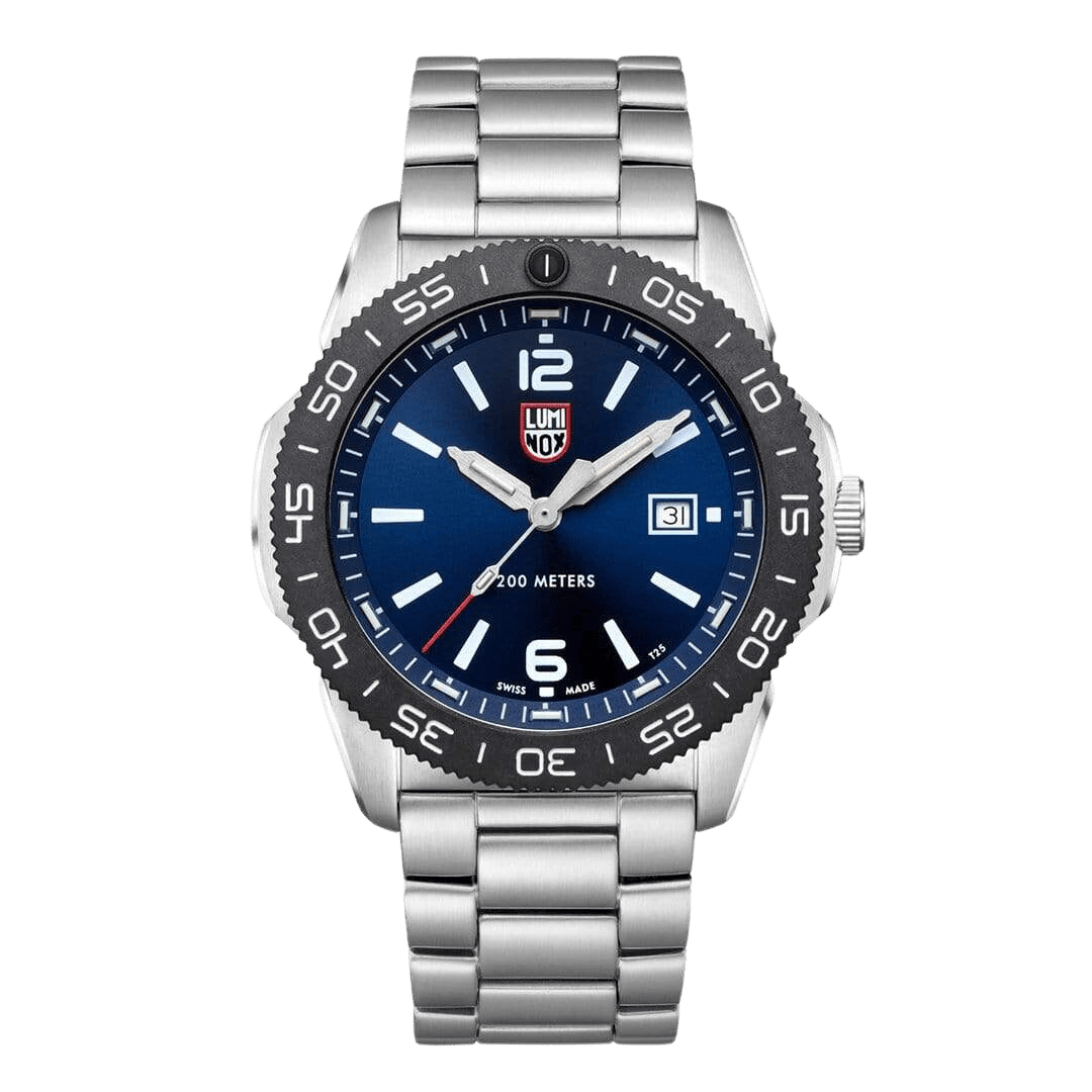 Luminox dive watch 44 mm with luminous dial, stainless steel case, and rotating bezel, water-resistant to 200 meters.