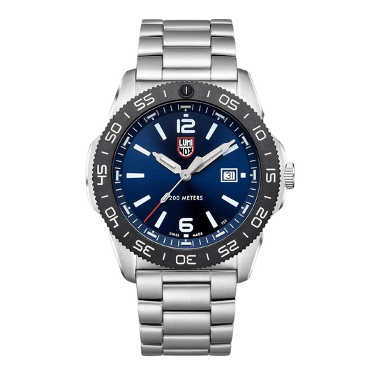 Luminox dive watch 44 mm with luminous dial, stainless steel case, and rotating bezel, water-resistant to 200 meters.