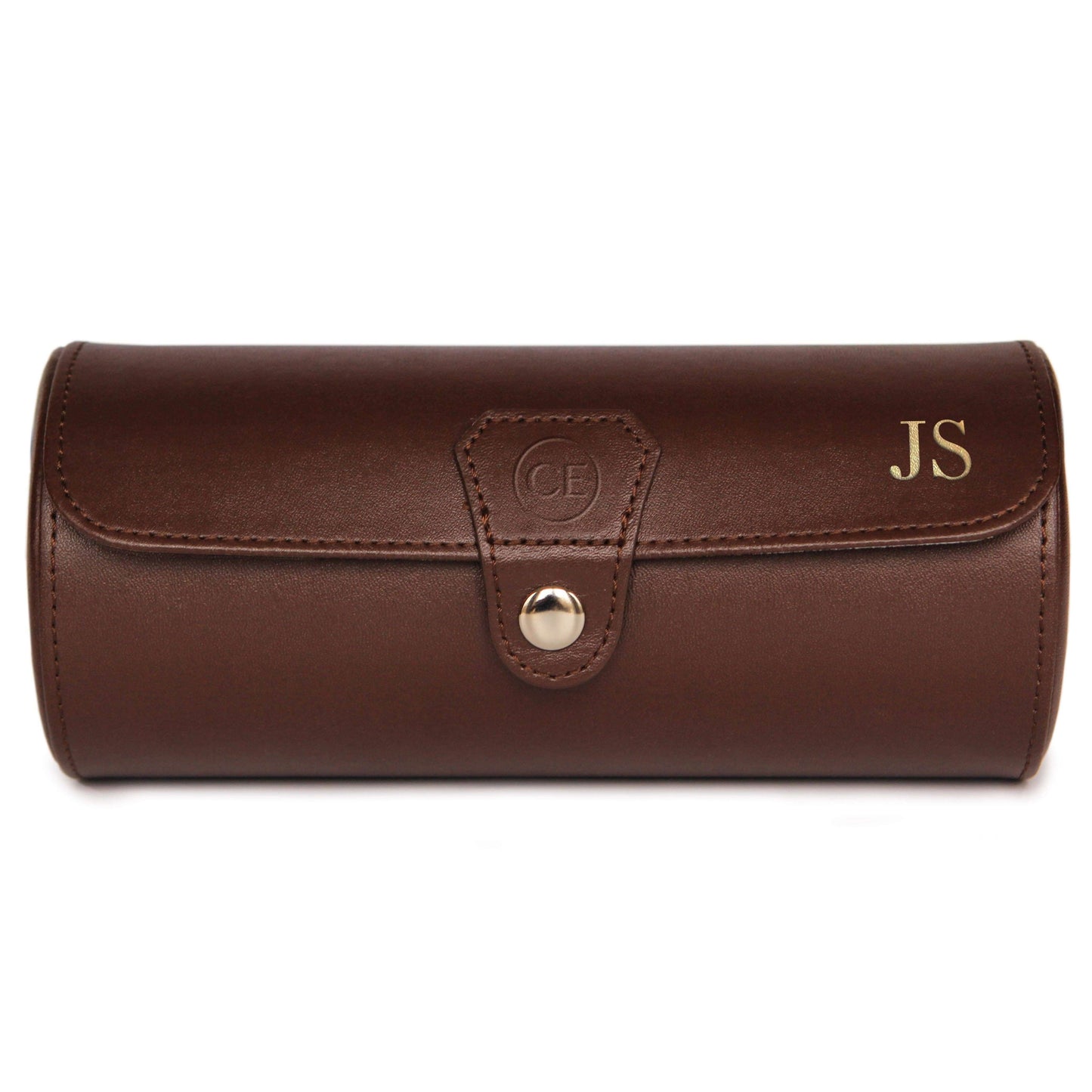 Vegan leather travel watch case in chocolate brown featuring gold initials and a snap closure.