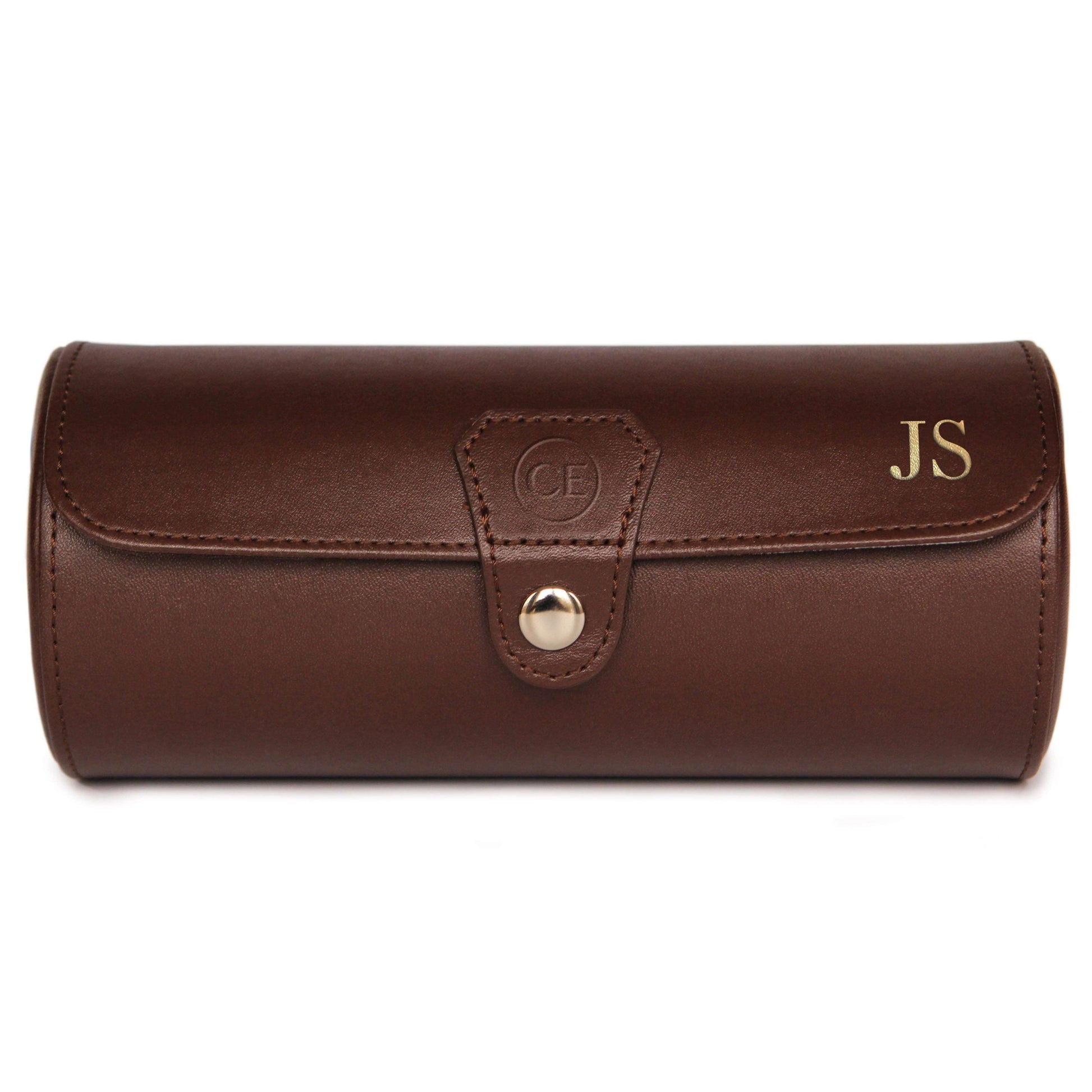 Vegan leather travel watch case in chocolate brown featuring gold initials and a snap closure.